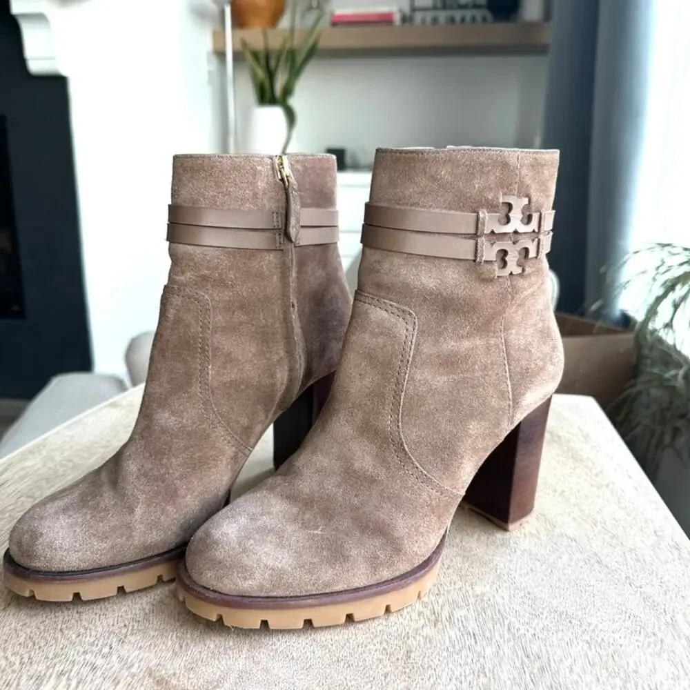 Tory Burch Leigh Suede Lug Sole Boots in River Rock, Size 8.5 NWOT‎